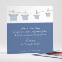 Faire-part de naissance Marinières fil à linge - Divers coloris - Format: Carré - Conception sur-mesure avec expertise - Faire-Part Élégant