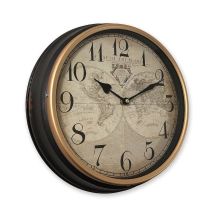 Wanduhr Weltkarte Vintage-Stil Schwarz Atlas Metallrahmen Rund 31cm