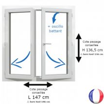 Fenêtre PVC 2 vantaux H 136 x L 146 cm hors tout OB pour pose en rénovation - Couleurs & Dimensions sur mesure - Fabrication Française - Vitrage et p