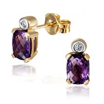Paar Ohrstecker 375 Gelbgold 2 Amethyst Edelsteine 2 Brillanten 0,02 ct.