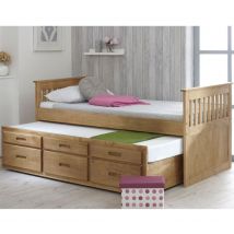 Captains - Single - High Foot-End Guest Bed - Storage and Underbed Trundle - Waxed Pine - Wooden - 3ft - Happy Beds
