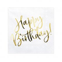 20 Serviettes blanches imprimé Happy Birthday doré