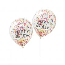 5 Ballons Happy birthday transparents confettis