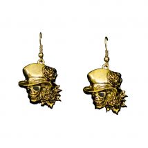 Boucles d'oreilles dorées crane avec chapeau