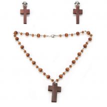 Boucles d'oreilles et collier croix en bois marron
