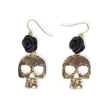 Boucles d'oreilles squelette doré et rose noire