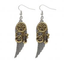 Boucles d'oreilles Steampunk plumes et rouages