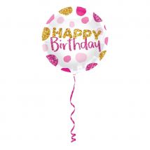 Ballon rond happy birthday rose doré pailleté 45cm