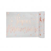 Chemin de table joyeux anniversaire blanc rose or