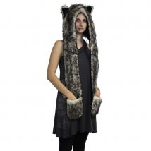 capuche fourrure avec oreille, écharpe et poche (loup)