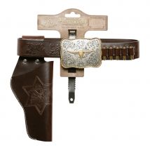 Ceinture holster marron de cowboy, boucle buffle (135 cm)