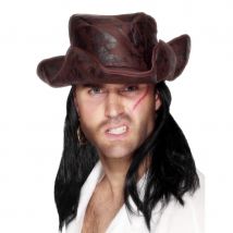 Chapeau pirate en simili marron avec cheveux (Taille standard)