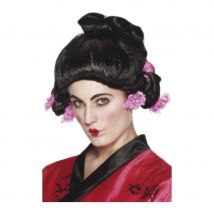 Perruque geisha, noire avec fleure rose