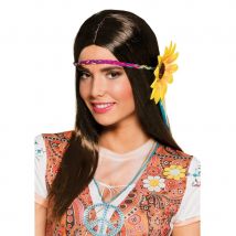Perruque hippie longs cheveux bruns fleuris
