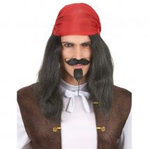 Perruque noire de pirate avec bandana rouge