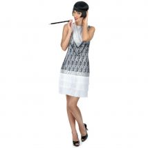 Robe charleston blanche franges et dentelle noire (M)