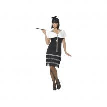 Robe flapper chic noire avec étole blanche (L)