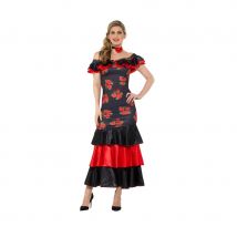 Robe Flamenco noir et rouge motifs fleurs (S)