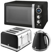 Swan Retro Black 1.5L Kettle, 4 Slice Toaster & 20L Digital Microwave Set