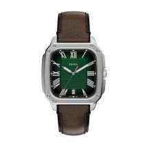 Montre Fossil Crosby Vert - Boîtier Argenté - Cadran Vert - Bracelet Marron - Mécanisme en Quartz - Pour Homme - Histoire d'Or