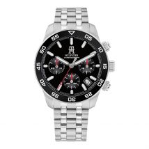Montre Tommy Hilfiger Th85 Chrono Noir - Boîtier Blanc - Cadran Noir - Bracelet Argenté - Mécanisme en Quartz - Pour Homme - Histoire d'Or