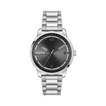 Montre Hugo Stamp Noir - Boîtier Blanc - Cadran Noir - Bracelet Argenté - Mécanisme en Quartz - Pour Homme - Histoire d'Or
