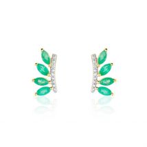 Boucles D'oreilles Puces Navette Or Jaune Emeraude Diamant - Pour Femme - Pierre en Emeraude de forme Navette / Marquise - Histoire d'Or