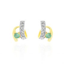 Boucles D'oreilles Puces Loubra Or Jaune Emeraude - Pour Femme - Pierre en Emeraude de forme Ronde - Motif Vague - Histoire d'Or