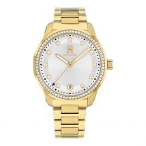 Montre Tommy Hilfiger Th85 Crystals Blanc - Boîtier Jaune - Cadran Blanc - Bracelet Doré - Mécanisme en Quartz - Pour Femme - Histoire d'Or