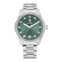 Montre Tommy Hilfiger Th85 Crystals Vert - Boîtier Blanc - Cadran Vert - Bracelet Argenté - Mécanisme en Quartz - Pour Femme - Histoire d'Or