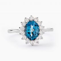 Bague Or Blanc Quintilla Topaze London Blue Et Oxydes - Pour Femme - Pierre en Topaze de forme Ovale - Motif Marguerite - Histoire d'Or