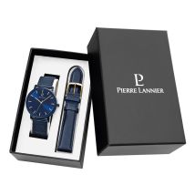 Coffret De Montre Pierre Lannier Essential Bleu - Boîtier Bleu - Cadran Blanc - Bracelet Bleu - Mécanisme en Quartz - Pour Homme - Histoire d'Or