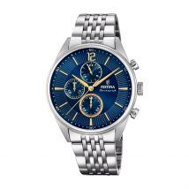 Montre Festina Timeless Chronograph Bleu - Boîtier Blanc - Cadran Bleu - Bracelet Argenté - Mécanisme en Quartz - Pour Homme - Histoire d'Or