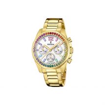 Montre Festina Boyfriend Blanc - Boîtier Jaune - Cadran Blanc - Bracelet Doré - Mécanisme en Quartz - Pour Femme - Histoire d'Or
