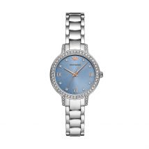 Montre Emporio Armani Bleu - Boîtier Blanc - Cadran Blanc - Bracelet Argenté - Mécanisme en Quartz - Pour Femme - Histoire d'Or