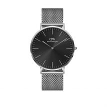 Montre Daniel Wellington Classic Noir - Boîtier Blanc - Cadran Noir - Bracelet Argenté - Mécanisme en Quartz - Pour Homme - Histoire d'Or