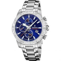 Montre Festina Timeless Chronograph Bleu - Boîtier Blanc - Cadran Blanc - Bracelet Argenté - Mécanisme en Quartz - Pour Homme - Histoire d'Or