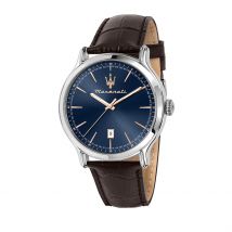 Montre Maserati Epoca Bleu - Boîtier Blanc - Cadran Blanc - Bracelet Marron - Mécanisme en Quartz - Pour Homme - Histoire d'Or