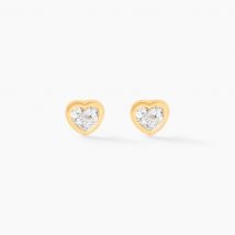 Boucles D'oreilles Puces Edme Cœur Or Jaune Strass - Pour Famille - Pierre en Strass de forme Ronde - Motif Cœur - Histoire d'Or