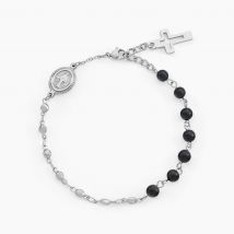 Bracelet Maximus Acier Blanc Onyx - Pour Homme - Pierre en Onyx de forme Ronde - Motif Croix religieuse - Histoire d'Or