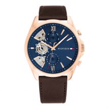 Montre Tommy Hilfiger Baker Bleu - Boîtier Jaune - Cadran Blanc - Bracelet Marron - Mécanisme en Quartz - Pour Homme - Histoire d'Or