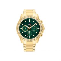 Montre Tommy Hilfiger Brooklyn Vert - Boîtier Jaune - Cadran Vert - Bracelet Doré - Mécanisme en Quartz - Pour Femme - Histoire d'Or