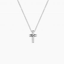 Collier Ruya Acier Blanc Oxyde De Zirconium - Pour Homme - Pierre en Oxyde de Zirconium de forme Ronde - Motif Croix religieuse - Histoire d'Or