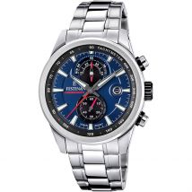 Montre Festina Timeless Chronograph Bleu - Boîtier Blanc - Cadran Blanc - Bracelet Argenté - Mécanisme en Quartz - Pour Homme - Histoire d'Or