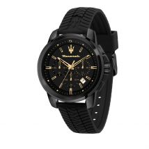Montre Maserati Successo Chrono Bleu - Boîtier Noir - Cadran Noir - Bracelet Noir - Mécanisme en Quartz - Pour Homme - Histoire d'Or