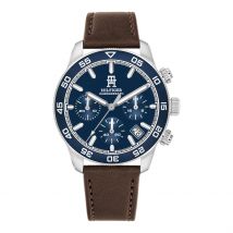Montre Tommy Hilfiger Th85 Chrono Bleu - Boîtier Blanc - Cadran Blanc - Bracelet Marron - Mécanisme en Quartz - Pour Homme - Histoire d'Or