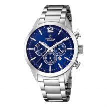 Montre Festina Timeless Chronograph Bleu - Boîtier Blanc - Cadran Blanc - Bracelet Argenté - Mécanisme en Quartz - Pour Homme - Histoire d'Or