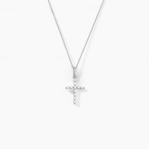 Collier Norine Argent Blanc Oxyde De Zirconium - Pour Femme - Pierre en Oxyde de Zirconium de forme Ronde - Motif Croix religieuse - Histoire d'Or