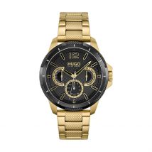 Montre Hugo Sport Noir - Boîtier Jaune - Cadran Noir - Bracelet Doré - Mécanisme en Quartz - Pour Homme - Histoire d'Or
