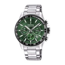 Montre Festina Timeless Chronograph Vert - Boîtier Blanc - Cadran Vert - Bracelet Argenté - Mécanisme en Quartz - Pour Homme - Histoire d'Or